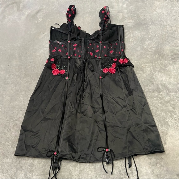 New! For Love & Lemons Roja Black Pink Rose Embroidered Slip Dress 10432 - Picture 7 of 9